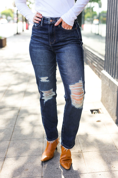 Judy Blue Dark Wash Mid Rise Distressed Straight Leg Jeans - Online Only!