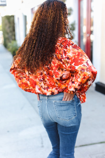 Fall Vibes Rust Floral Print Notched Neck Smocked Satin Top - Online Only!