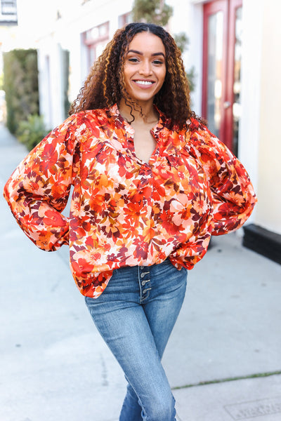 Fall Vibes Rust Floral Print Notched Neck Smocked Satin Top - Online Only!