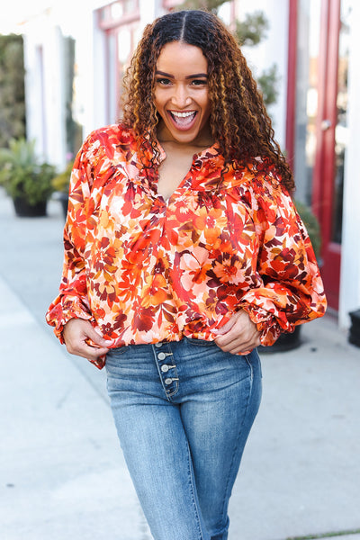 Fall Vibes Rust Floral Print Notched Neck Smocked Satin Top - Online Only!