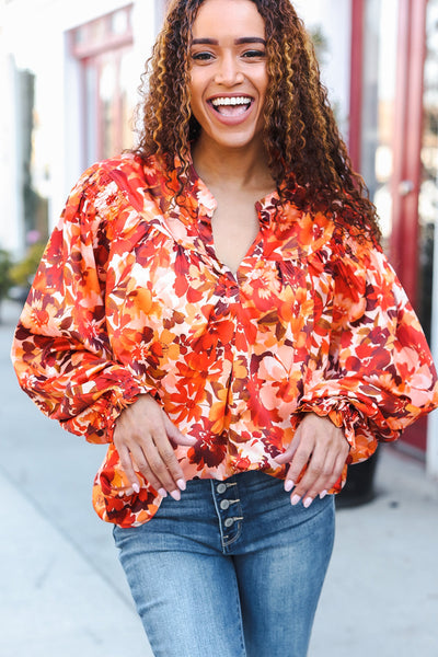 Fall Vibes Rust Floral Print Notched Neck Smocked Satin Top - Online Only!