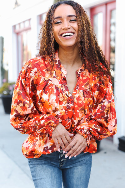 Fall Vibes Rust Floral Print Notched Neck Smocked Satin Top - Online Only!