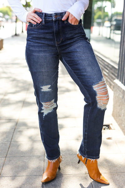 Judy Blue Dark Wash Mid Rise Distressed Straight Leg Jeans - Online Only!