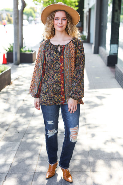 Weekend Ready Black & Rust Paisley Raglan Keyhole Tie Top - Online Only!