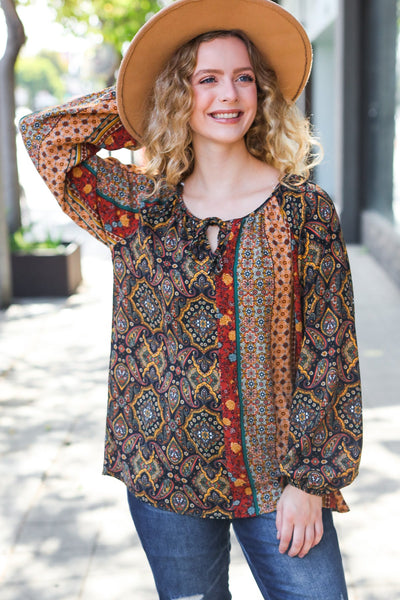 Weekend Ready Black & Rust Paisley Raglan Keyhole Tie Top - Online Only!