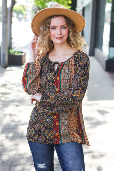 Weekend Ready Black & Rust Paisley Raglan Keyhole Tie Top - Online Only!