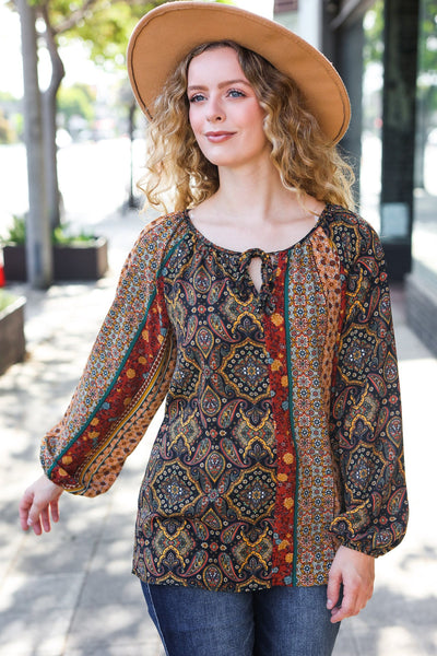 Weekend Ready Black & Rust Paisley Raglan Keyhole Tie Top - Online Only!