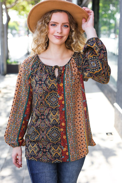 Weekend Ready Black & Rust Paisley Raglan Keyhole Tie Top - Online Only!