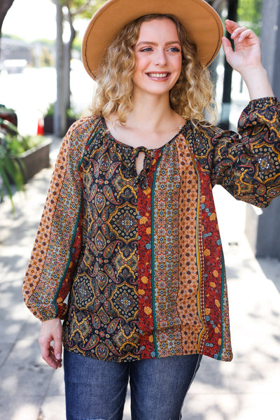 Weekend Ready Black & Rust Paisley Raglan Keyhole Tie Top - Online Only!