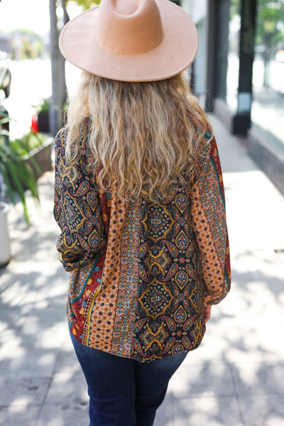 Weekend Ready Black & Rust Paisley Raglan Keyhole Tie Top - Online Only!