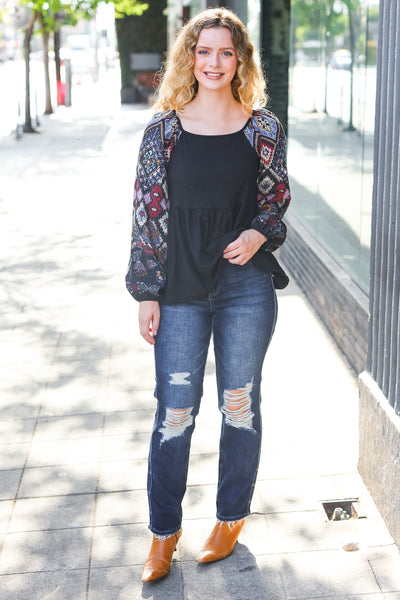 Charming Black Square Neck Border Print Bubble Sleeve Top - Online Only!