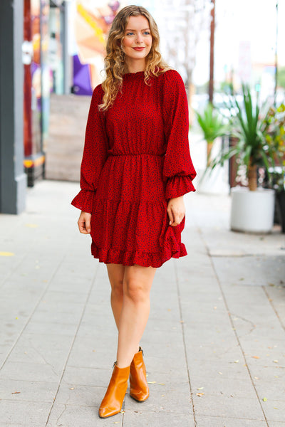 Simply Merry Burnt Red Animal Print Mock Neck Tiered Dress - Online Only!