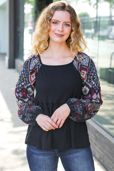 Charming Black Square Neck Border Print Bubble Sleeve Top - Online Only!