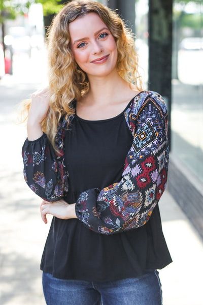 Charming Black Square Neck Border Print Bubble Sleeve Top - Online Only!