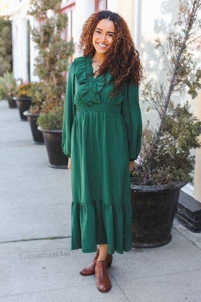 Beautiful You Holiday Green Overlap Ruffle V Neck Midi Dress - Online Only!