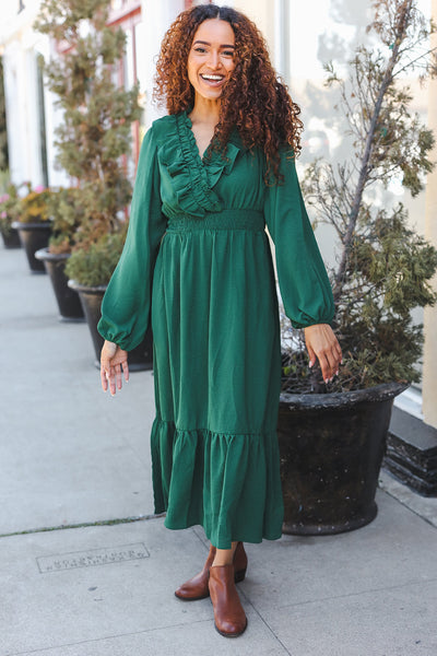 Beautiful You Holiday Green Overlap Ruffle V Neck Midi Dress - Online Only!