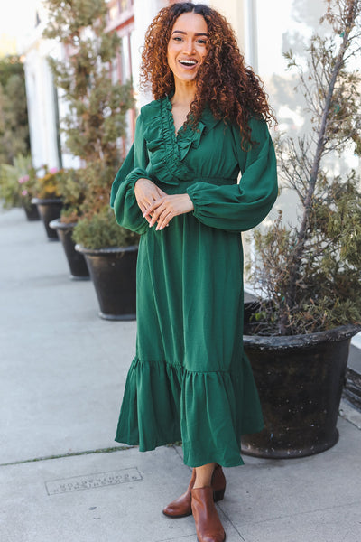 Beautiful You Holiday Green Overlap Ruffle V Neck Midi Dress - Online Only!
