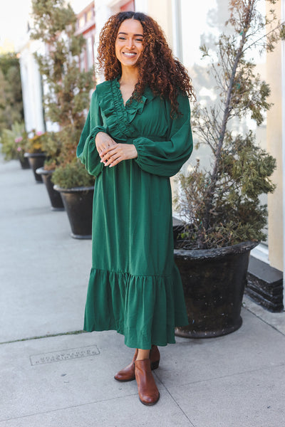 Beautiful You Holiday Green Overlap Ruffle V Neck Midi Dress - Online Only!