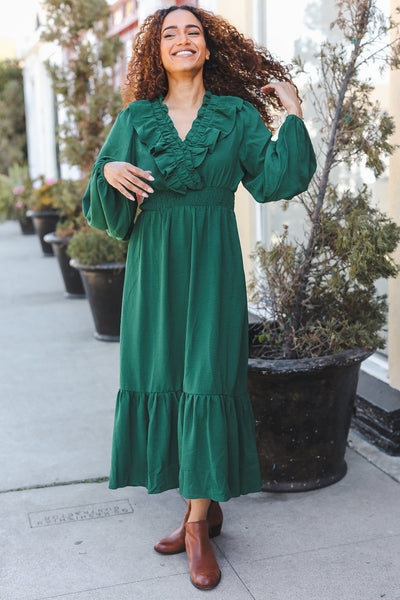 Beautiful You Holiday Green Overlap Ruffle V Neck Midi Dress - Online Only!