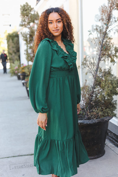 Beautiful You Holiday Green Overlap Ruffle V Neck Midi Dress - Online Only!