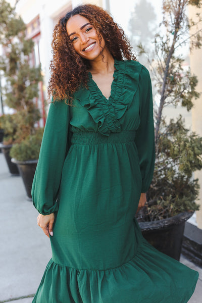 Beautiful You Holiday Green Overlap Ruffle V Neck Midi Dress - Online Only!