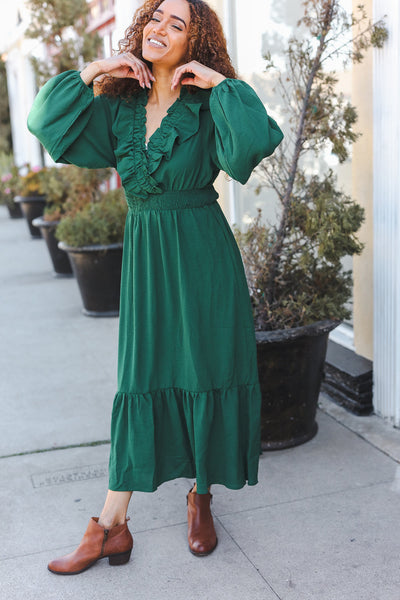 Beautiful You Holiday Green Overlap Ruffle V Neck Midi Dress - Online Only!