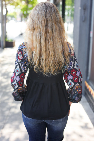 Charming Black Square Neck Border Print Bubble Sleeve Top - Online Only!