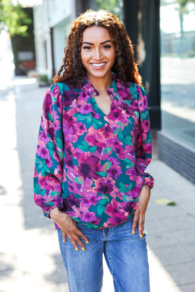 Beautiful You Hunter Green Watercolor Floral Print Notch Neck Top - Online Only!