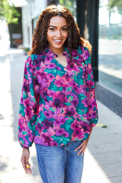 Beautiful You Hunter Green Watercolor Floral Print Notch Neck Top - Online Only!