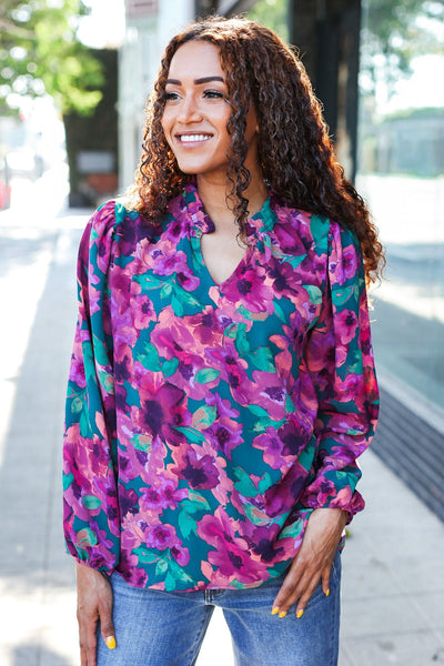 Beautiful You Hunter Green Watercolor Floral Print Notch Neck Top - Online Only!