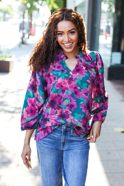 Beautiful You Hunter Green Watercolor Floral Print Notch Neck Top - Online Only!