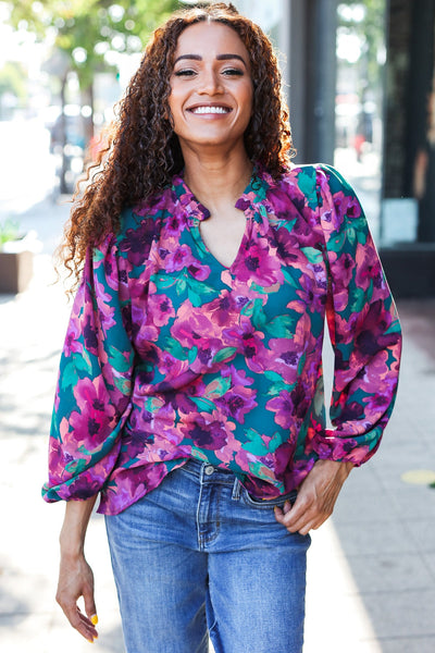 Beautiful You Hunter Green Watercolor Floral Print Notch Neck Top - Online Only!