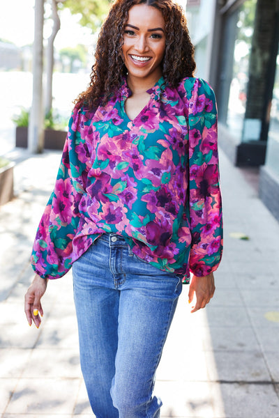 Beautiful You Hunter Green Watercolor Floral Print Notch Neck Top - Online Only!