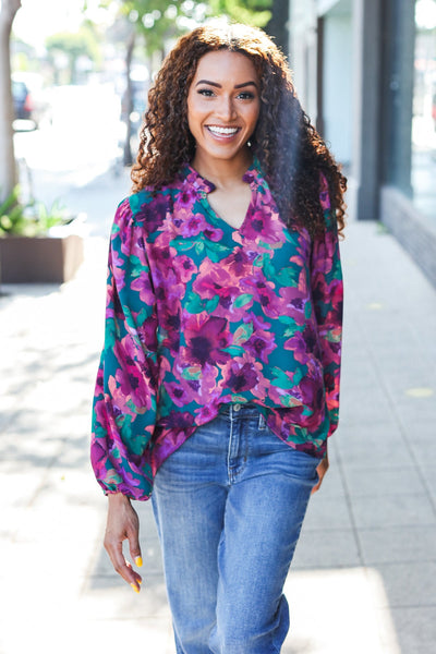 Beautiful You Hunter Green Watercolor Floral Print Notch Neck Top - Online Only!