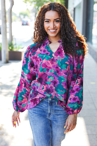 Beautiful You Hunter Green Watercolor Floral Print Notch Neck Top - Online Only!
