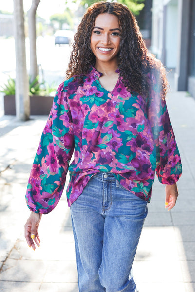 Beautiful You Hunter Green Watercolor Floral Print Notch Neck Top - Online Only!