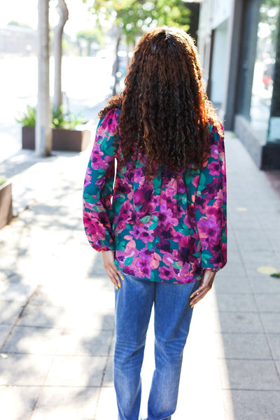 Beautiful You Hunter Green Watercolor Floral Print Notch Neck Top - Online Only!