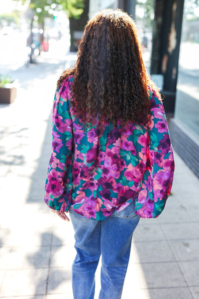 Beautiful You Hunter Green Watercolor Floral Print Notch Neck Top - Online Only!