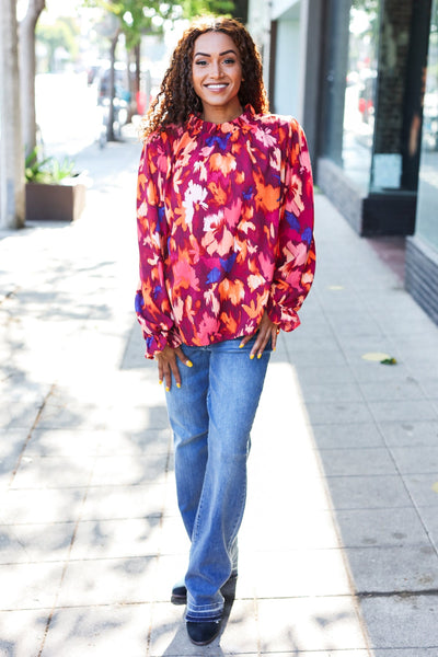 You Got This Wine Floral Print Print Frill Mock Neck Top - Online Only!