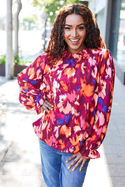 You Got This Wine Floral Print Print Frill Mock Neck Top - Online Only!