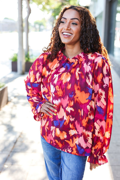 You Got This Wine Floral Print Print Frill Mock Neck Top - Online Only!