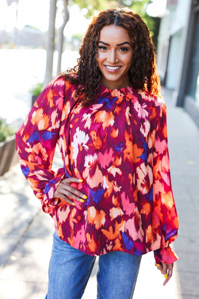 You Got This Wine Floral Print Print Frill Mock Neck Top - Online Only!