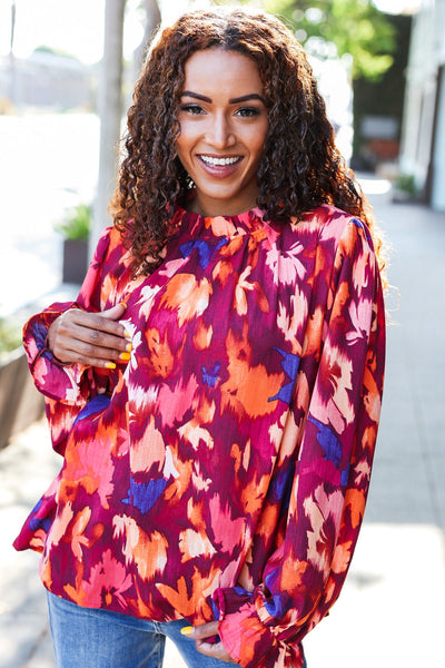 You Got This Wine Floral Print Print Frill Mock Neck Top - Online Only!