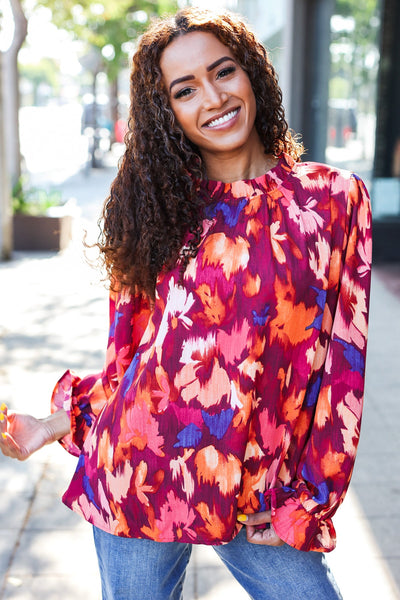 You Got This Wine Floral Print Print Frill Mock Neck Top - Online Only!