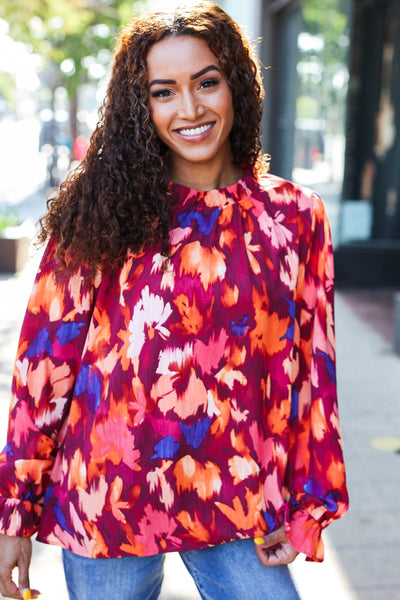 You Got This Wine Floral Print Print Frill Mock Neck Top - Online Only!