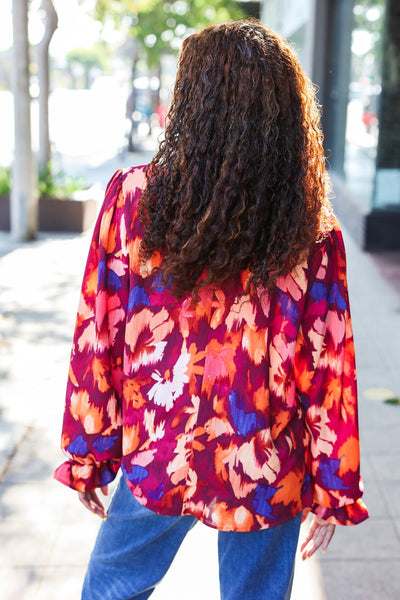 You Got This Wine Floral Print Print Frill Mock Neck Top - Online Only!