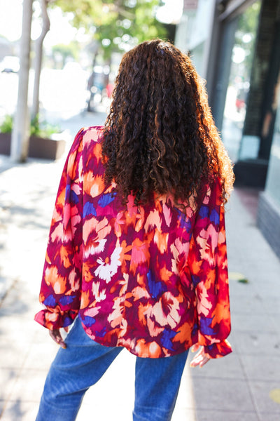 You Got This Wine Floral Print Print Frill Mock Neck Top - Online Only!
