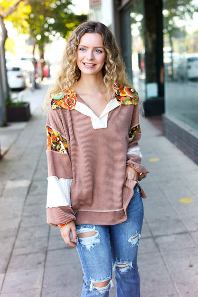 Charming Caramel Floral Print Colorblock Notch Neck Top - Online Only!