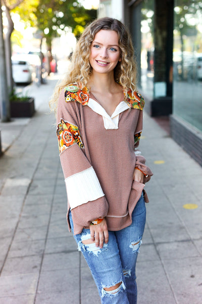 Charming Caramel Floral Print Colorblock Notch Neck Top - Online Only!