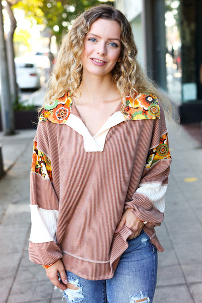Charming Caramel Floral Print Colorblock Notch Neck Top - Online Only!
